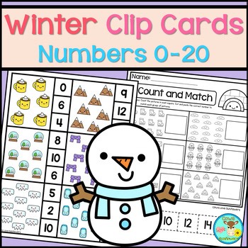 PK-Kinder Clip Cards One to One Counting Numbers 0-20 Practice Worksheets Winter