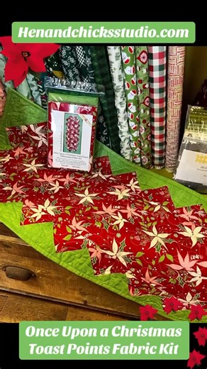 Another great tablerunner from the book Let's Do Lunch by Atkinson Designs! ❤️💚Once Upon a Christmas Toast Points Fabric Kit will look great for your seasonal table. Perfect green and red material with pink and white poinsettas for the holiday season. 🎄 Pattern is not included but sold separately in the book Let's Do Lunch. | Hen & Chicks Studio