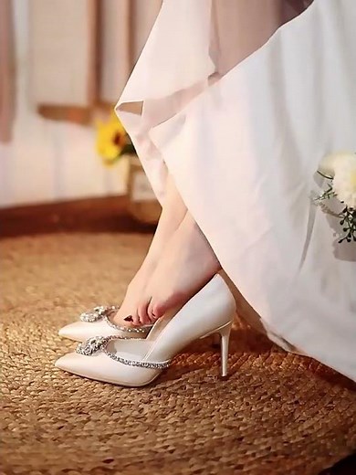 Elegant White Satin Wedding Heels | Crystal-Embellished Bridal Pumps ✨