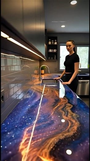A galaxy-style epoxy river kitchen countertop.