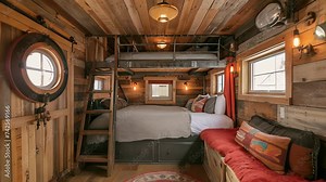 Adorable tiny house made from an old train caboose with repurposed wood walls vintage light fixtures and functional elements like sliding train car doors and a custombuilt