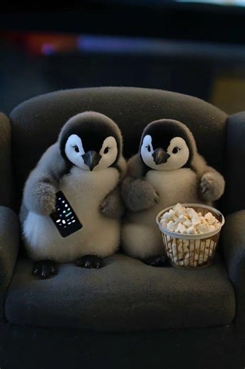 Two penguins just chillin with popcorn #vibes #cozy