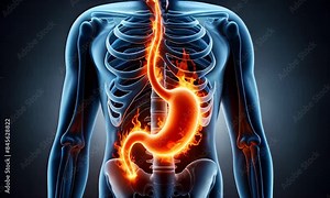 human digestive system, highlighting the stomach with glowing orange and yellow lights against a dark background Stock Video