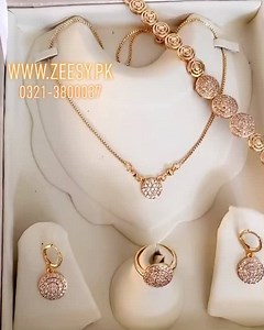 8.9K views · 250 reactions | Gold Plated zircon stone set♥️ Sale price Just 1500/- with Free Home Delivery Including Necklace,Earrings,Ring & Bracele Ring Size Medium Bracelet Standard Medium 1 year colour warranty KEEP AWAY WATER & PERFUME We Provide Jewellery In our Own Brand Name Boxes. For order visit website https://zeesy.pk/product/nec-0388/ Or WhatsApp 0321-3800037 We Ship Worldwide ✈️ | Zee.sy jewellery | Facebook