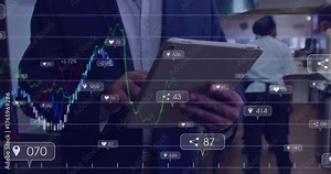 Restaurant manager tapping tablet by counter activating animated graphs and icons updating metrics