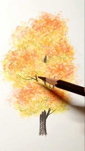 How to use Watercolor pencils? Painting Autumn leaves 【水彩色鉛筆】紅葉した木の描き方 #art #beginners #painting
