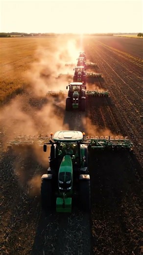 Multi-Tractor Convoy Working in Farmland (Drone View)