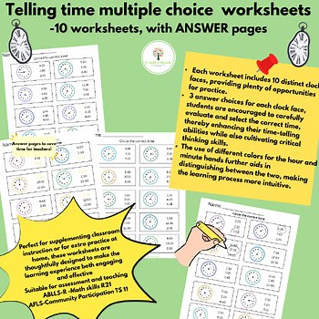 Time telling multiple choice worksheets with Answers(ABLLSR and AFLS aligned)