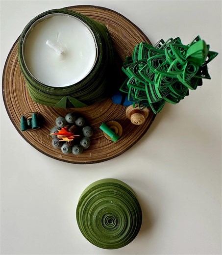 Handmade Quilled “camping Out“ Candle: Tent Votive With Pine Tree and Camping Supplies - Etsy