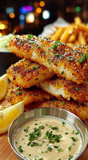 Crispy Cod Strips with Tartar Dipping Sauce — golden, crunchy fish on...