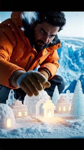 Artist at a Snowy Cliff Making a Glacier Village Model