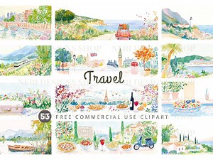 Travel Landscape Watercolor Clipart, Journey Free Commercial JPG, Road Trip Sticker for Journal, European Landmark, Wanderlust Graphic - Etsy