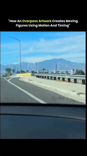 Explain on Instagram: "As cars move across an overpass in Indio, California, a massive mural called Liberation transforms from abstract shapes into living motion. Painted along the Fred Waring Drive bridge by artist Hervey Garcia, the artwork uses a zoetrope effect, where sequential images are spaced precisely so that, at driving speeds, they animate before the viewer’s eyes. What looks static when standing still becomes a flowing sequence of figures running, jumping, and flying as vehicles pass