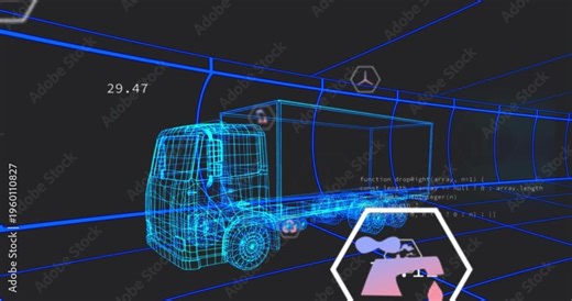Wireframe truck model animating data when hexagon bar chart icon fading in to show metrics