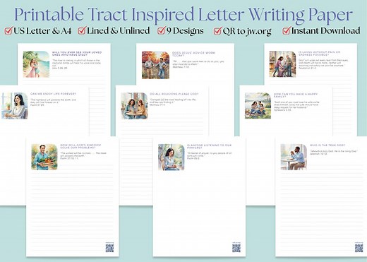JW Tracts Letter Writing Paper Set 9 Designs Printable Stationery Bundle Christian Writing Ministry Gift Digital Download PDF QR to Jw.org - Etsy