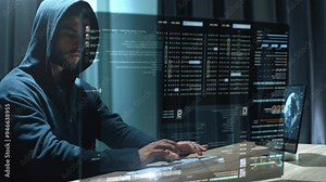 Futuristic cyber hacker operating under the guise of Anonymous, employs advanced algorithms to infiltrate cybersecurity systems and exploit vulnerabilities in password security. Concept : Cyber Hacker Stock Video