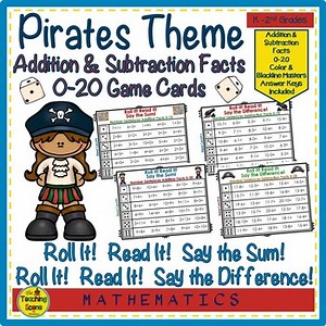 Pirates Addition & Subtraction Facts 0-20 Roll It! Read It! Game Cards