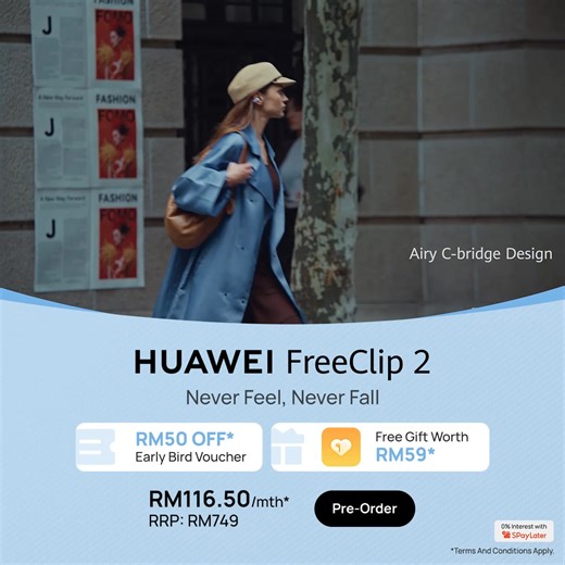 Never Feel, Never Fall — light enough to forget, secure enough to trust. The all-new HUAWEI FreeClip 2 is designed with the Airy C-bridge Design for a comfortable fit that stays in place all day. Enjoy clear and balanced sound while staying aware of your surroundings with its Adaptive Open-ear Listening. Additionally, rely on Crystal-clear Calls to stay connected wherever, whenever. Pre-order Now at RM749 (RRP) to secure your HUAWEI FreeClip 2! Claim your RM50 OFF* Early Bird Voucher and enjoy F