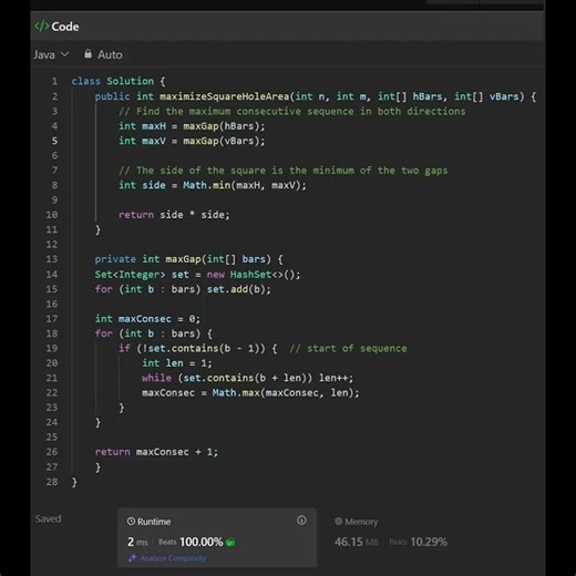 2943 Maximize Area of Square Hole in Grid