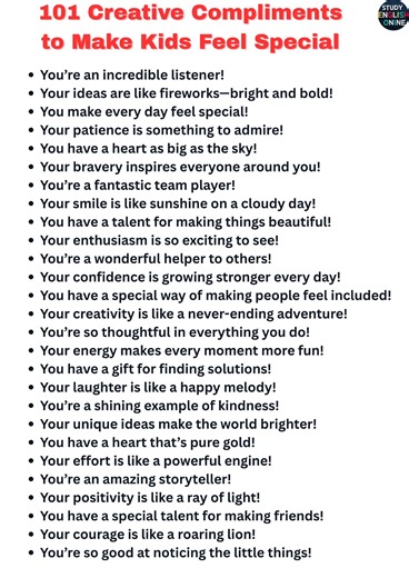 101 Creative Compliments to Make Kids Feel Special #KidsCompliments #BoostSelfEsteem #PositiveParenting #MakeKidsFeelSpecial #ConfidentKids #KindWords #ParentingTips #KidsConfidence #SpreadPositivity #EmpowerKids #LearnEnglish | STUDY English Online