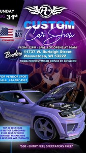 2.2K views · 175 reactions | PC Customizing Custom Car Show August 31st Labor Day weekend at Bowlero 11737 W Burleigh St 12pm-6pm  Top 20 Best Cars  15 Best of Categories  $500 Best Female Ride  $500 Best Ride on Forgiato wheels #pccustomizing #carshow #widebody #trackhawk #forgiato | Ernesto Silva | Facebook