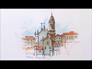 A Water Brush Demonstration. line and wash watercolour of a Cathedral in Portugal