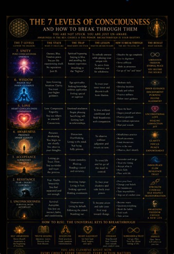 THE 7 LEVELS OF CONSCIOUSNESS ✨ You are not stuck. You are simply unaware… yet. From Unconsciousness (Survival Mode) all the way to Unity (Pure Oneness) — this is the map of your awakening journey. Every level has its trap, its lesson, and its breakthrough. Where are you right now on this ladder? Drop the number (1–7) below 👇 and I’ll share more about that level. Save this map. Keep climbing. Awaken. Align. Transform. Ascend. Dylan 5D 🌌 #7#7LevelsOfConsciousnessC#ConsciousnessSpiritualAwakenin