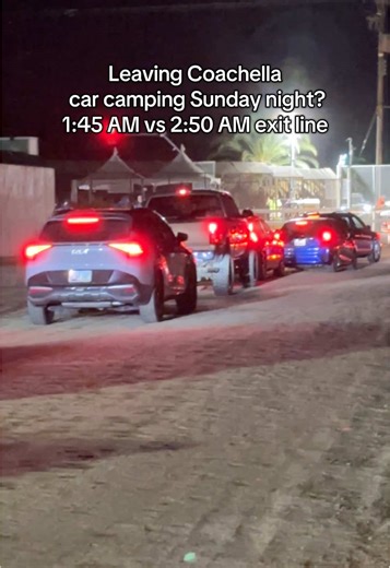 This was the line of cars leaving Coachella car camping Sunday night at 1:45 AM vs 2:50 AM. Huge difference. We saw so many people trying to head out right after the festival, and the traffic to exit camp looked longggg. Less than an hour later? Practically empty. If you leave Sunday night — what time did you go and was there traffic when you left? Trying to figure out the smoothest exit strategy 👀 #CoachellaCarCamping #FestivalCamping #CoachellaTips #CampingLife #FestivalPrep