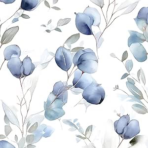 Blue Floral Peel and Stick Wallpaper,White Watercolor 17.5"x 393" Contact Paper,Modern Botanical and Navy Flower Wall Paper For Bathroom Bedroom Cabinet Vinyl Waterproof Removable Dorm Renter Friendly