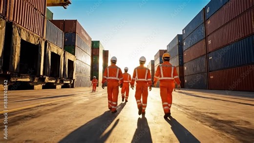 Forward Stride in Maritime Logistics: A team of dedicated workers stride purposefully along a shipping yard, flanked by a towering array of cargo containers.