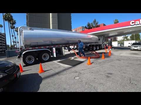 A Gas Truck Delivering Fuel at a Gas Station
