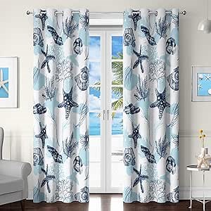 Coastal Nautical Curtains Blue and White Beach Sea Starfish Seashell 50% Light Blocking Curtains Ocean Theme Coral Print Window Drapes Decor for Living Room Bedroom Nursery, 2 Panels, 52x96 Inches