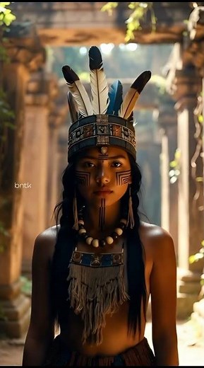 A young Aztec woman in ceremonial attire stands in an ancient temple ruin during golden hour.