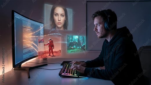 A man engrossed in immersive digital worlds through the computer monitor. The cutting-edge technology merges the lines between physical and virtual spaces.