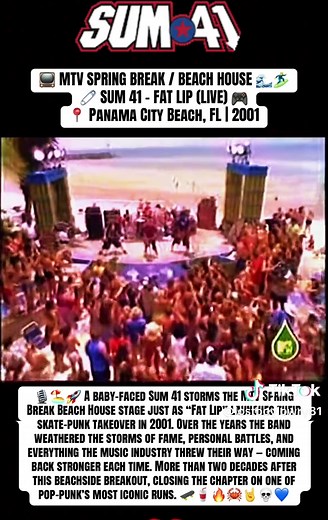 🏝️🌸🛹 Sum 41 ~ Fat Lip 👄🔥💀 📼 MTV SPRING BREAK ERA. Before the arena tours and platinum records, Sum 41 exploded onto the scene with “Fat Lip,” a track that helped ignite the early-2000s pop-punk takeover. The band brought raw skate-punk chaos to MTV, turning beach stages and festival crowds into absolute mayhem. More than two decades later, the legacy still hits the same and loud, rebellious, and unforgettable. ⚡🧷🔥💙 #sum41 #mtv #2001 #punk #beach 🌸🏖️🌊🏄‍♂️🤘🎸🎧💀⚡️