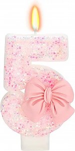 Birthday Candle for Cake, 5 Candle - Pink Glitter with Bowknot, 2.76 inch Happy Birthday Candle, Cake Topper Decoration for 5 Years Old Birthday Party (Number 5)