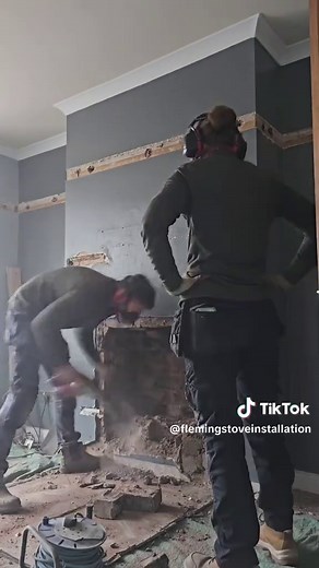 How we install a woodburning stove. We knock out the fireplace first, lay slate hearth, clean and repoint the brickwork. #fyp #howto #tutorial #fireplace #diy