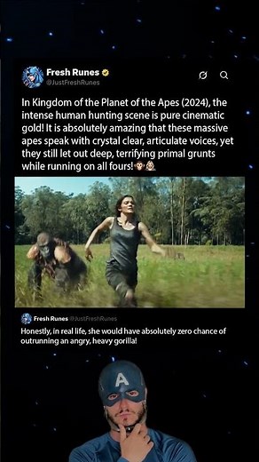 In Kingdom of the Planet of the Apes (2024), Freya Allan runs from terrifyingly smart predators