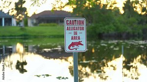 Alligator warning sign in Florida park about caution and safety during walking near water