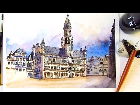 Urban Sketching Brussels Town Hall| Dip Pen & Ink Drawing + Watercolor European Architecture