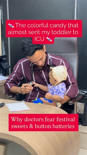 Dr Syed Musab Hussaini Maghrabi on Instagram: "🍬 “The colorful candy that almost sent my toddler to ICU” 🍬 Festival sweets look harmless, but they’re a triple threat: many contain banned dyes (Red 40, Yellow 5/6, Blue 1/2, Rhodamine B), choke toddlers, and look just like button batteries! My 2-year-old’s “blue jalebi” turned out to be a battery—by the time symptoms showed, her throat was burning, and we were in the ER. Dangers: • ✖️ Artificial colors (ADHD, allergies, cancer) [Red 40, Rhodamin