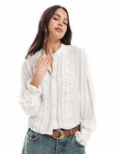 ASOS DESIGN lace ruffle insert sheer long sleeve top in white | ASOS