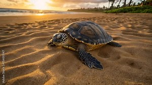 turtle on the sand with a beach behind
