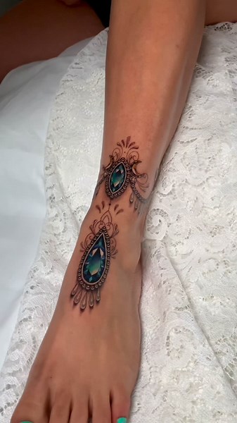 Creative Birthstone Anklet Tattoos by Female Tattoo Artist
