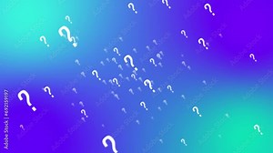 question mark flying and rotating in blue soft gradient background. Symbol for question spining in digital abstract animation