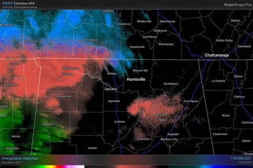 [8:58 AM] Freezing rain/sleet continues to fall over the TN Valley with snow in southern TN. Travel conditions continue to be hazardous as temperatures remain below freezing. Please avoid travel if possible this morning!! #HUNwx | US National Weather Service Huntsville Alabama