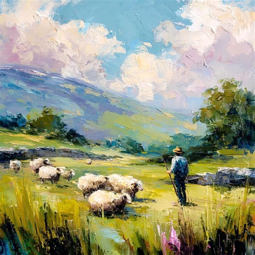 Shepherd and Sheep Oil Painting: Countryside Landscape Art, Textured Farm Scene, Rustic Home Decor - Etsy