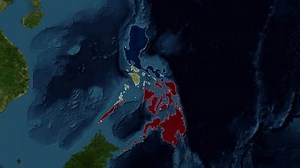 Zoom from Earth to Philippines. (Country Flag) World map animation with highlighted borders of countries.