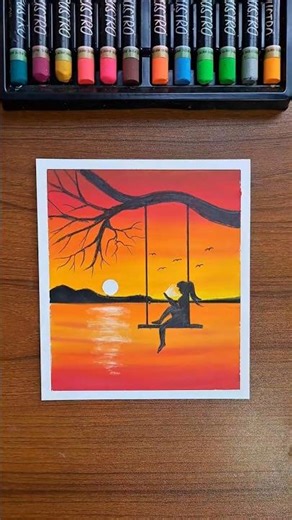 Easy Sunset Scenery Drawing | Oil Pastel Art #shorts