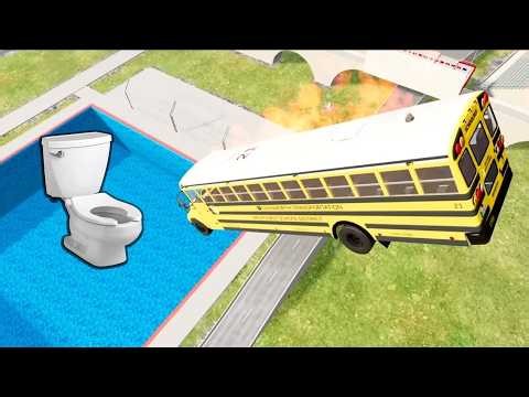 School Bus Down In Swimming Pools – Epic BeamNG Drive Bus Crash Test in BMG Simulation